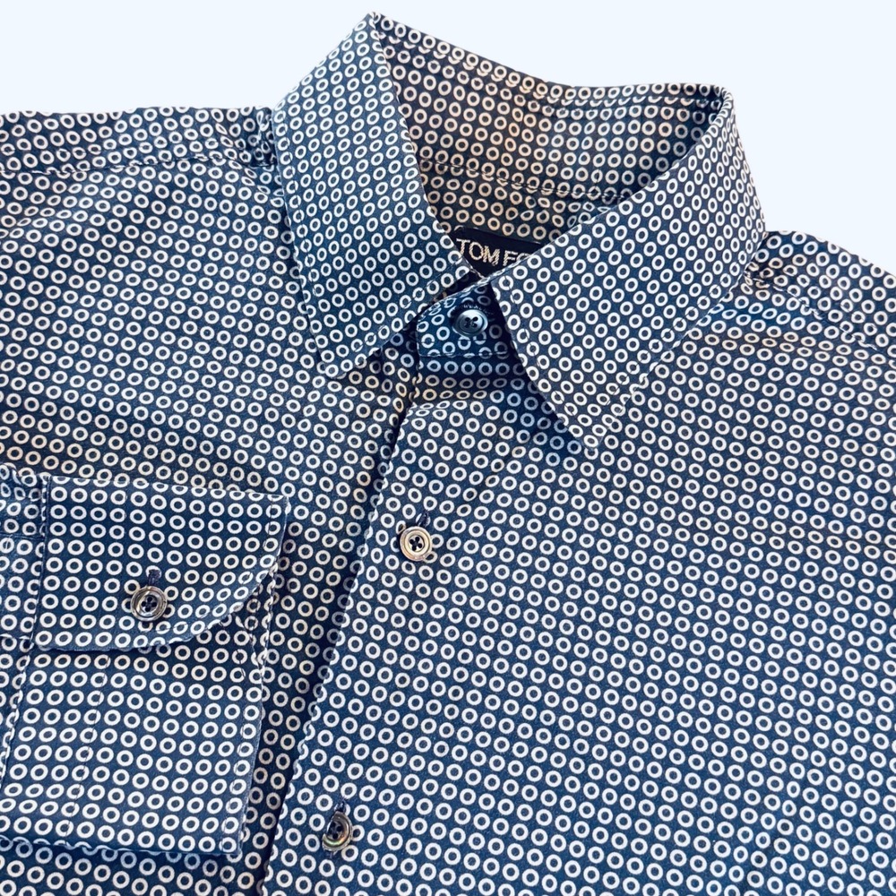Tom Ford Mens Blue White Geometric Circle Print Cotton Button Down Shirt 41/16